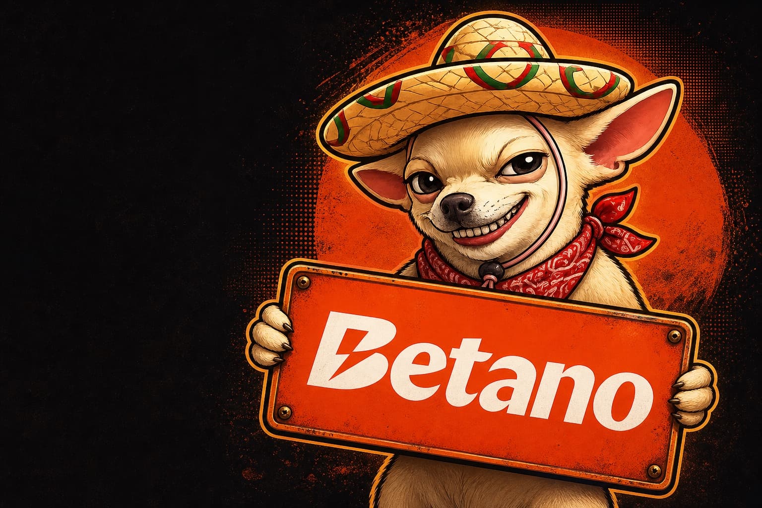 Chihuahua de Labas Noches Pidrilas sosteniendo el logotipo de Betano