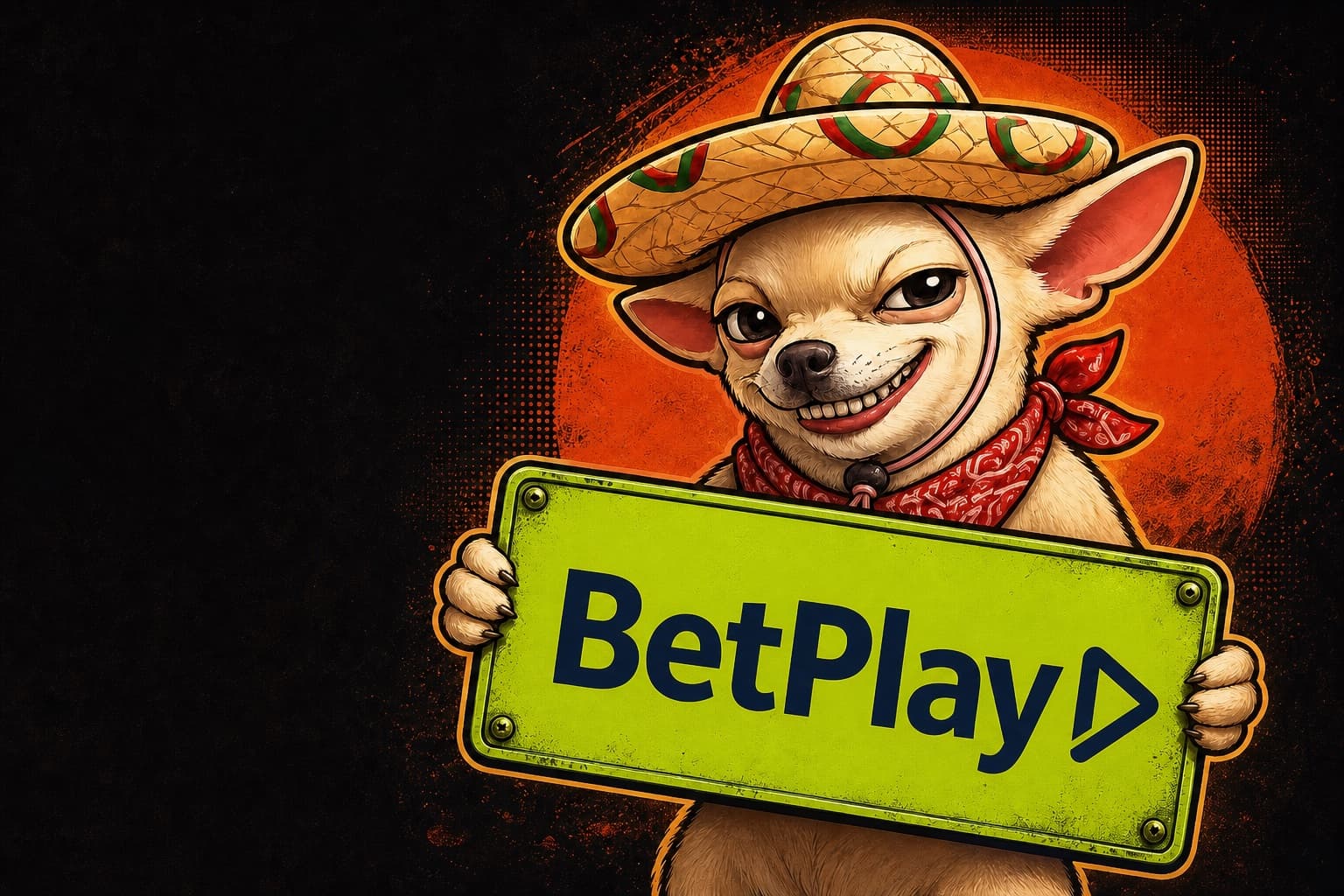 Chihuahua de Labas Noches Pidrilas sosteniendo el logotipo de BetPlay