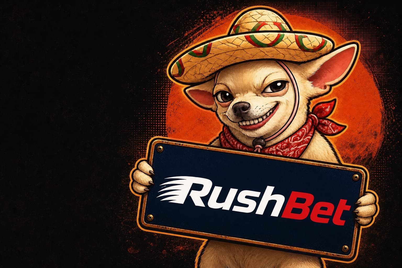 Chihuahua de Labas Noches Pidrilas sosteniendo el logotipo de RushBet
