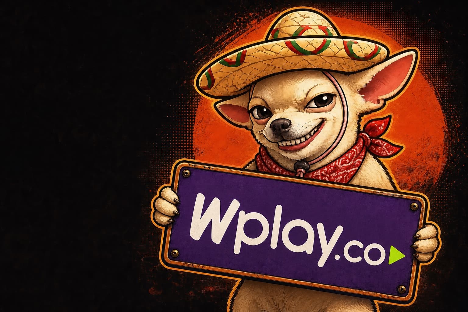 Chihuahua de Labas Noches Pidrilas sosteniendo el logotipo de Wplay