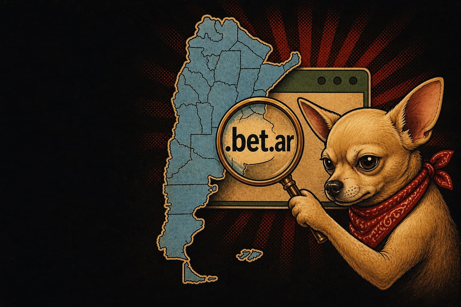 Don Chucho revisa con lupa un dominio .bet.ar y un mapa de jurisdicciones de Argentina