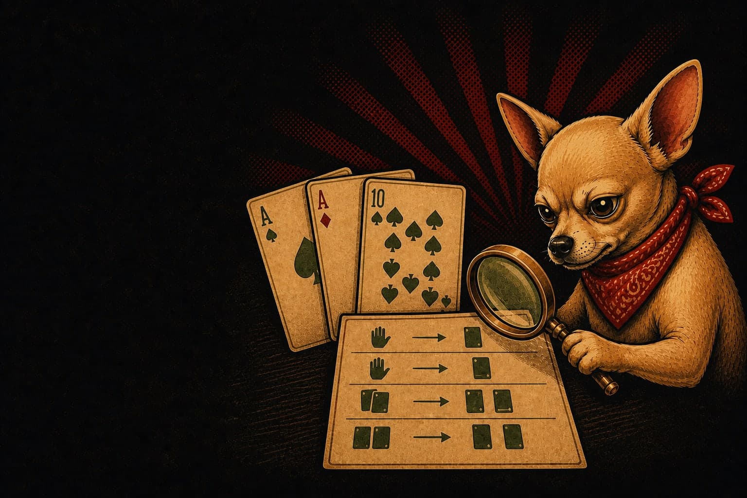 Don Chucho compara con lupa cartas y una hoja de reglas antes de jugar blackjack online