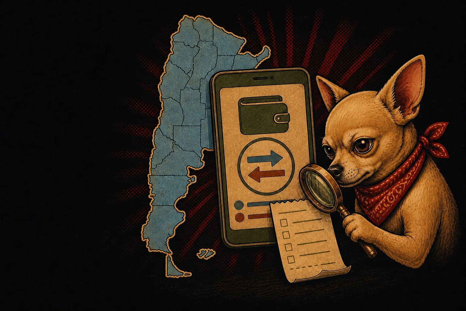 Don Chucho verifica una billetera digital, un comprobante y el mapa de Argentina antes de usar Mercado Pago