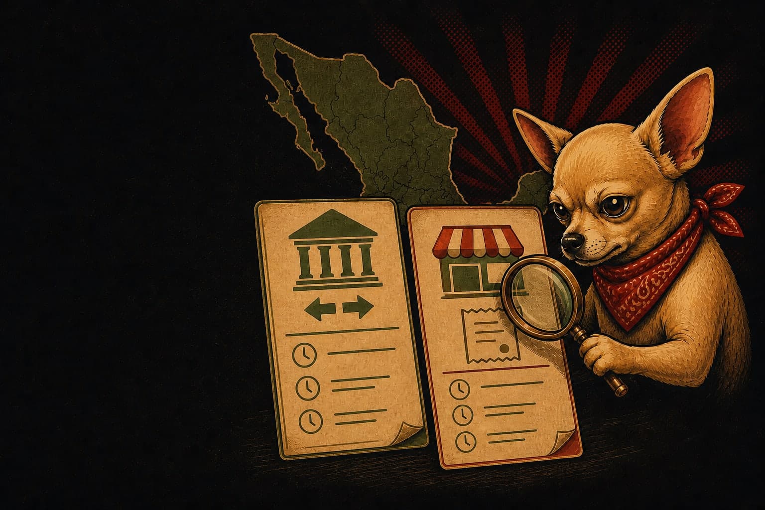 Don Chucho compara con lupa una transferencia bancaria y un comprobante de tienda en el mapa de México